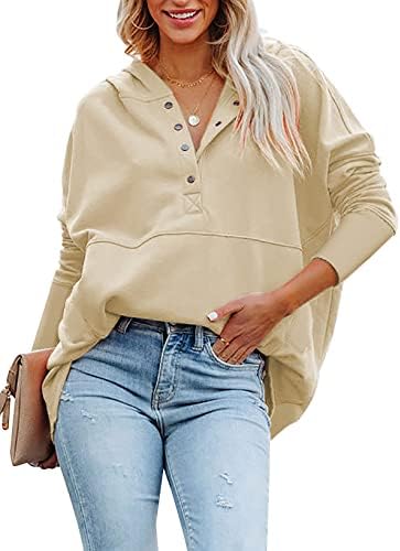 Astilish Womens Button Henley Hoodies pulover dugi rukavi preveliki dukseri s džepovima s džepovima
